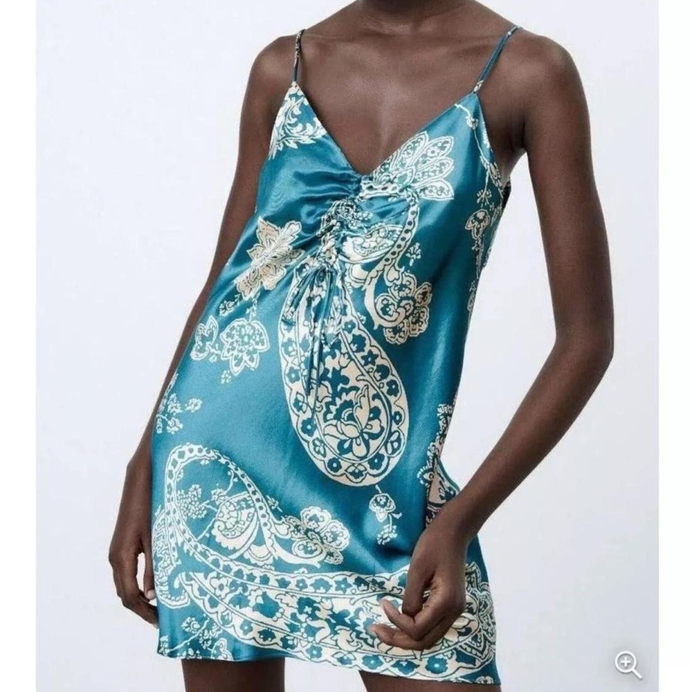NWT Zara Teal Patterned Mini Slip Dress